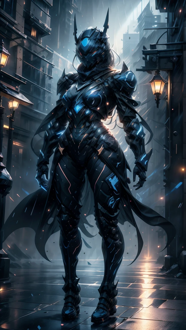 Masterpiece, best quality, highly detailed, cyborg women, sexy cyborg women, elegant cyborg, ((black and blue) cyborg), Mechanical body and helmets, (fullface helmet with horn)), black visor, slim waist, wide hips, thick thighs, athletic, proportional body, (waist cape), long sword, ((black and blue color scheme:1.2)), hairless, (8K), Wallpaper, UHD, HDR, intricate details, complex design, ultra detailed, hyper realistic, lifelike, realistic texture, smooth texture, shadows, dynamic lighting, (City at night), standing in rain, Beautiful scenery, Magical Atmosphere, Melancholic, Light Rain, Light blue Crystal particles