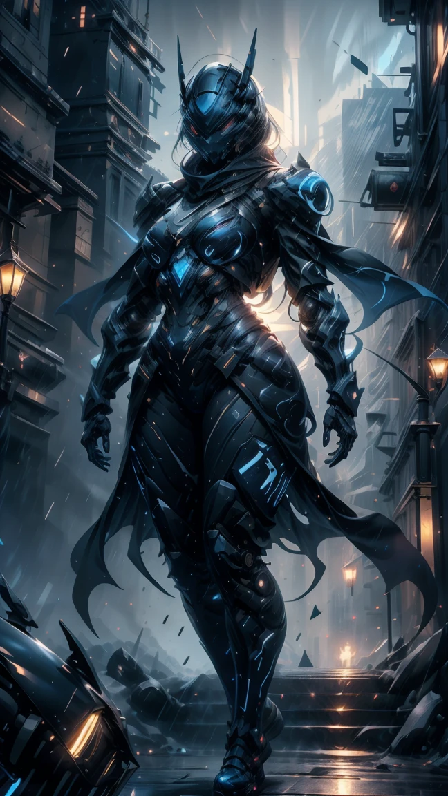 Masterpiece, best quality, highly detailed, cyborg women, sexy cyborg women, elegant cyborg, ((black and blue) cyborg), Mechanical body and helmets, (fullface helmet with horn)), black visor, slim waist, wide hips, thick thighs, athletic, proportional body, (waist cape), long sword, ((black and blue color scheme:1.2)), hairless, (8K), Wallpaper, UHD, HDR, intricate details, complex design, ultra detailed, hyper realistic, lifelike, realistic texture, smooth texture, shadows, dynamic lighting, (City at night), standing in rain, Beautiful scenery, Magical Atmosphere, Melancholic, Light Rain, Light blue Crystal particles