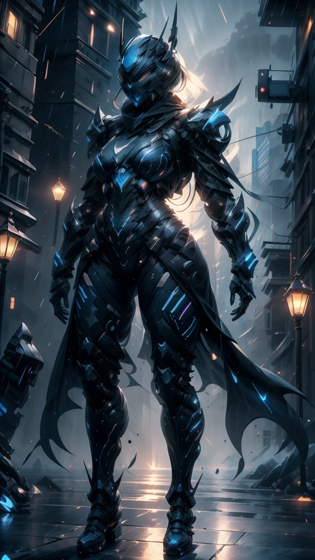 Masterpiece, best quality, highly detailed, cyborg women, sexy cyborg women, elegant cyborg, ((black and blue) cyborg), Mechanical body and helmets, (fullface helmet with horn)), black visor, slim waist, wide hips, thick thighs, athletic, proportional body, (waist cape), long sword, ((black and blue color scheme:1.2)), hairless, (8K), Wallpaper, UHD, HDR, intricate details, complex design, ultra detailed, hyper realistic, lifelike, realistic texture, smooth texture, shadows, dynamic lighting, (City at night), standing in rain, Beautiful scenery, Magical Atmosphere, Melancholic, Light Rain, Light blue Crystal particles