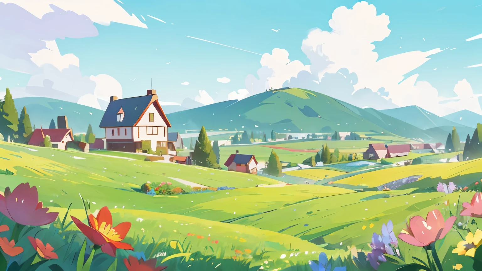 background illustration of a prairie on a mountain、Green grassland、Colorful flowers、red roof building 、 bright