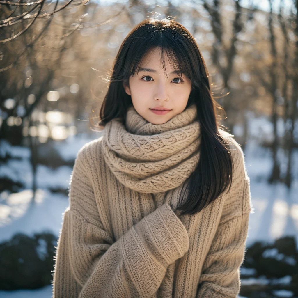 A hyper-realistic image of a single Japanese woman in her early 20s, captured with the nostalgic warmth and subtle graininess of a film camera. She is dressed in a chic winter outfit, featuring a wool coat with soft textures and a cozy knit scarf loosely draped around her neck, paired with a turtleneck sweater visible underneath. Her skin has a warm beige tone with a slightly rough texture, including visible pores, fine lines, and natural tonal variations that convey an authentic and lifelike appearance. The subtle imperfections of her skin are highlighted by the soft, diffused light of a winter afternoon, creating gentle shadows and a serene atmosphere. Her deep black eyes reflect the muted ambient light, adding depth and emotion, and her straight, slightly windswept black hair frames her face naturally, with a few strands delicately caught by a cold winter breeze. The soft, cool tones of the background suggest a snowy outdoor scene, with hints of blurred trees or frosted windows in the distance, enhancing the winter ambiance. The grainy film effect introduces a nostalgic and tactile quality, blending the details of her attire, skin, and surroundings into a harmonious, timeless composition. This image focuses solely on this one individual, capturing the understated elegance of winter with a realistic and evocative portrayal.