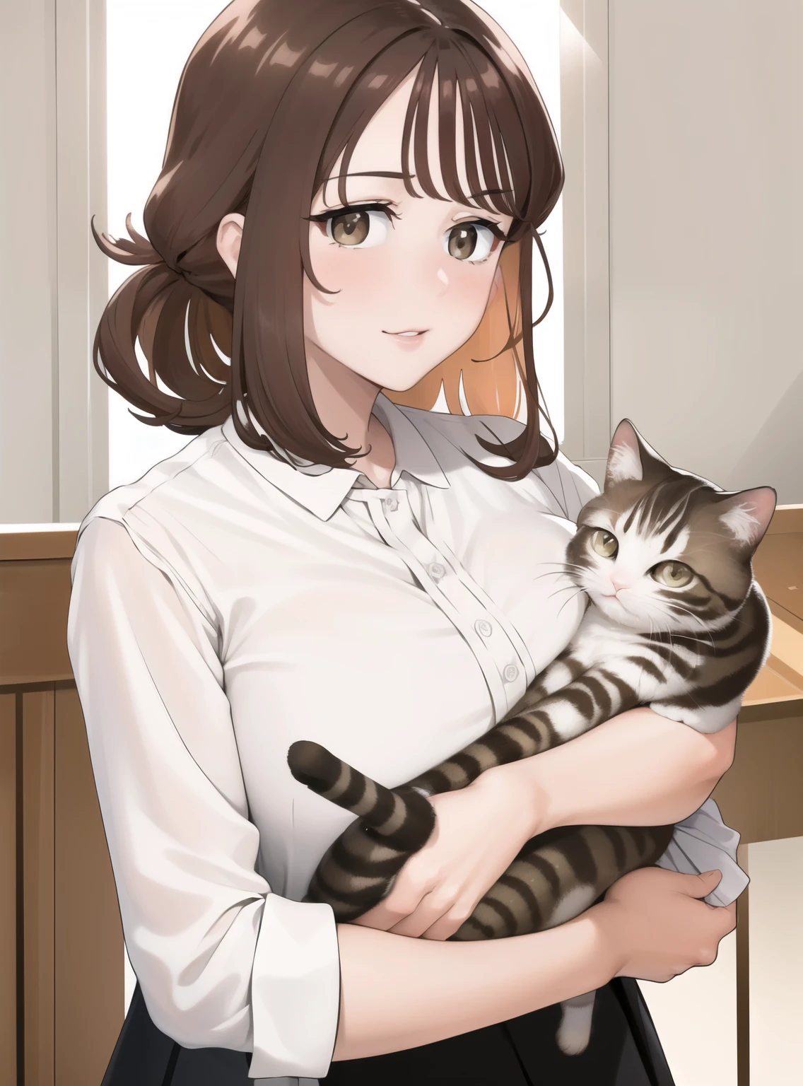 (masterpiece), ( best quality), (highly   Details), (8k resolution), ( best quality),Huge_chest,hair_ good,brown_hair,brown_eye,  Details_lips,shy,_face,,  from the front ,( watching viewers:1.3), office lady holding kittens,( white button shirt), skirt