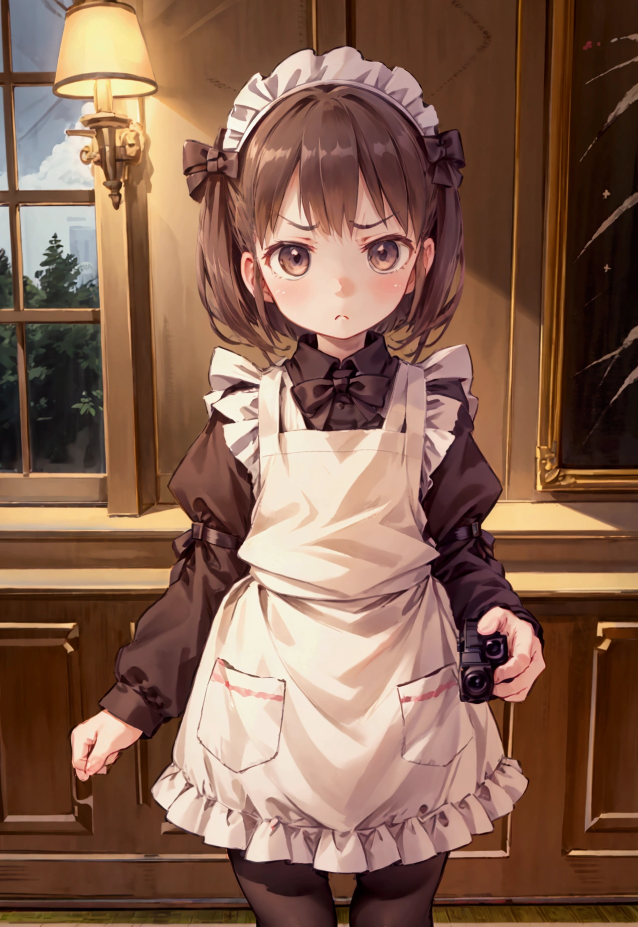 masterpiece, best quality, high definition ,Anatomical,Realistic, detailed description , perfect lighting,8k,kawaii,(Western-style building),Dispatch items,Maid,((１People s)),Baby Face,Petite,flat body ,(Maid服),tights, one-strap loafers, grumpy face,Glare,((pistol)),