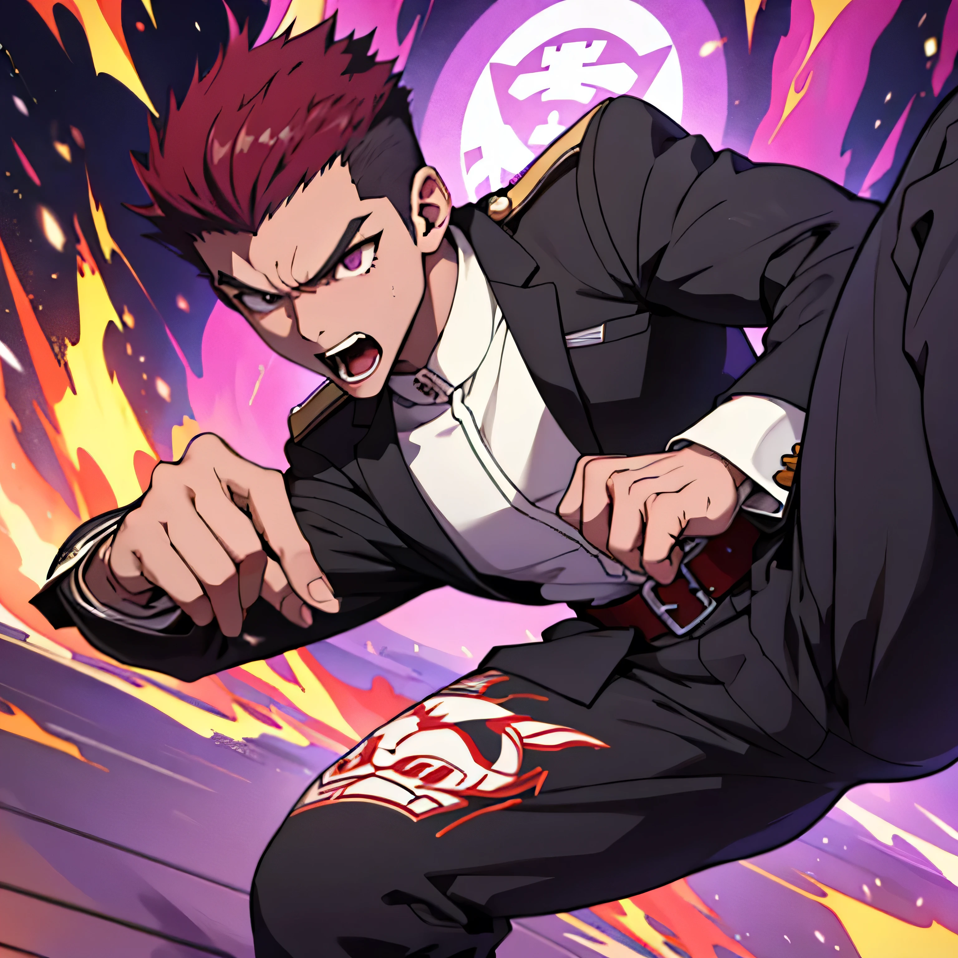 Age 25,, Purple military uniform、 black slim pants , black belt、cool battle pose、Spread your legs wider,black belt,logic, Gay , red hair, short hair on the side of the uniform,Lightly set hair with thick eyebrow wax、Masculine,salaryman,Mob characters,bad student、View from below Open your mouth wide and scream painful face face up