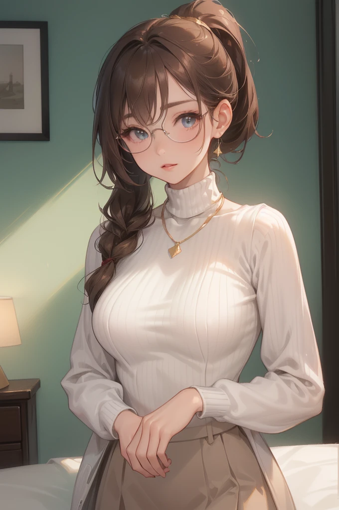 (Beautiful breasts:1.3)、(white tight high neck sweater : 1.2)、( light grey short skirt:1.2、Beautiful thighs)、(Brown hair long ponytail、Glasses、Gold Necklace)、( Perfect Body 、 is anatomically correct、 beautiful face、 double eyelids、 thin eyebrows、Natural lip color、25-year-old woman、Cheeks are red 、Slender body)、smile、A walk in the park、masterpiece、 best quality、(Maximum resolution: 1.2)、(Ultra HDTV: 1.2)、 cinematic light 、Ultra HDTV、(Detailed eyes and skin)、( detailed facial features)、8k resolution、 sharp focus: 1.2、