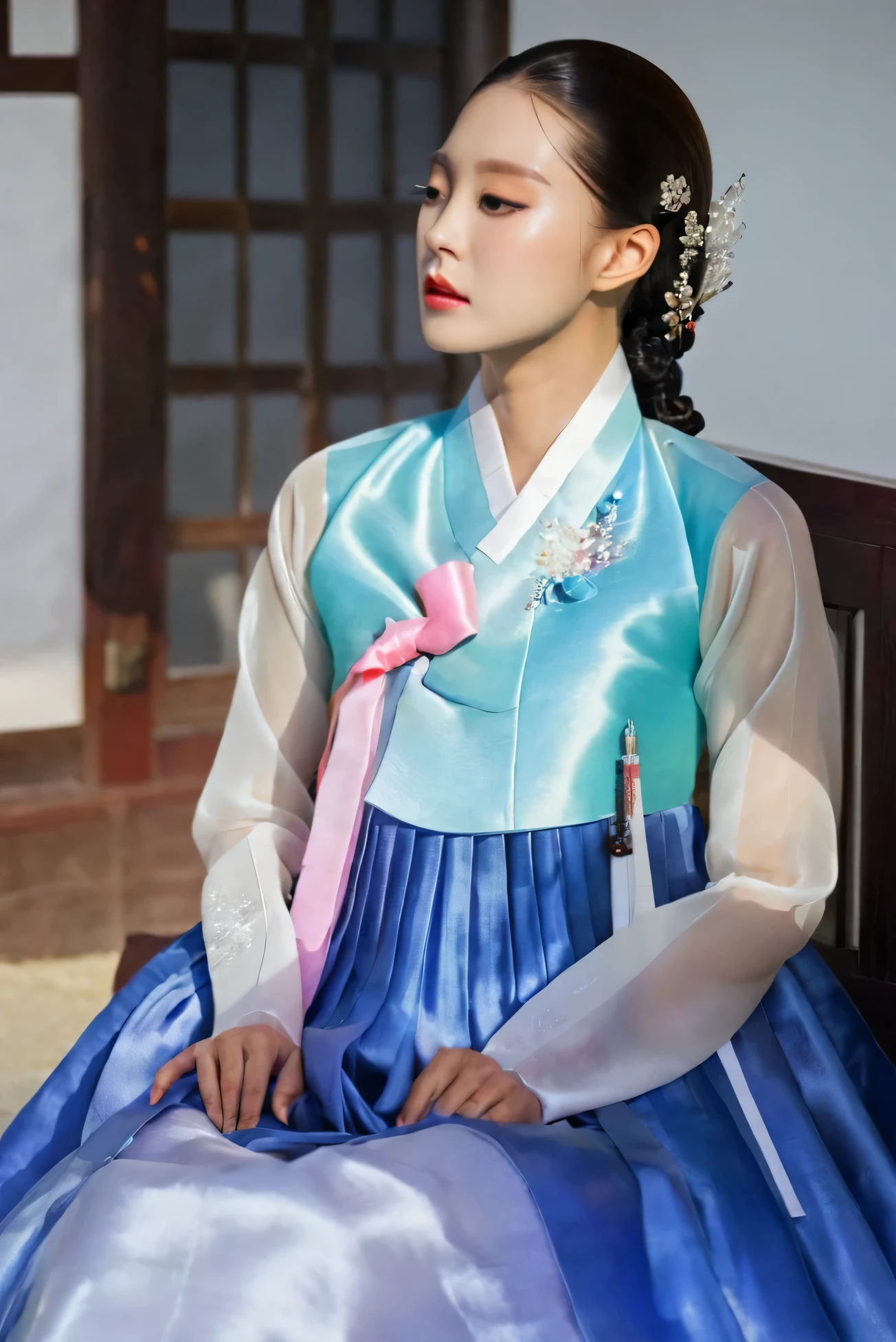 A Korean man in women's hanbok, hi is crossdresser, His face and hairstyle are very masculine, silk, Mother of the Bride hanbok Dress Outfit, breasts like a woman, white blue, slender female body, sexy see-through jacket, satin, little side view, sit quietly