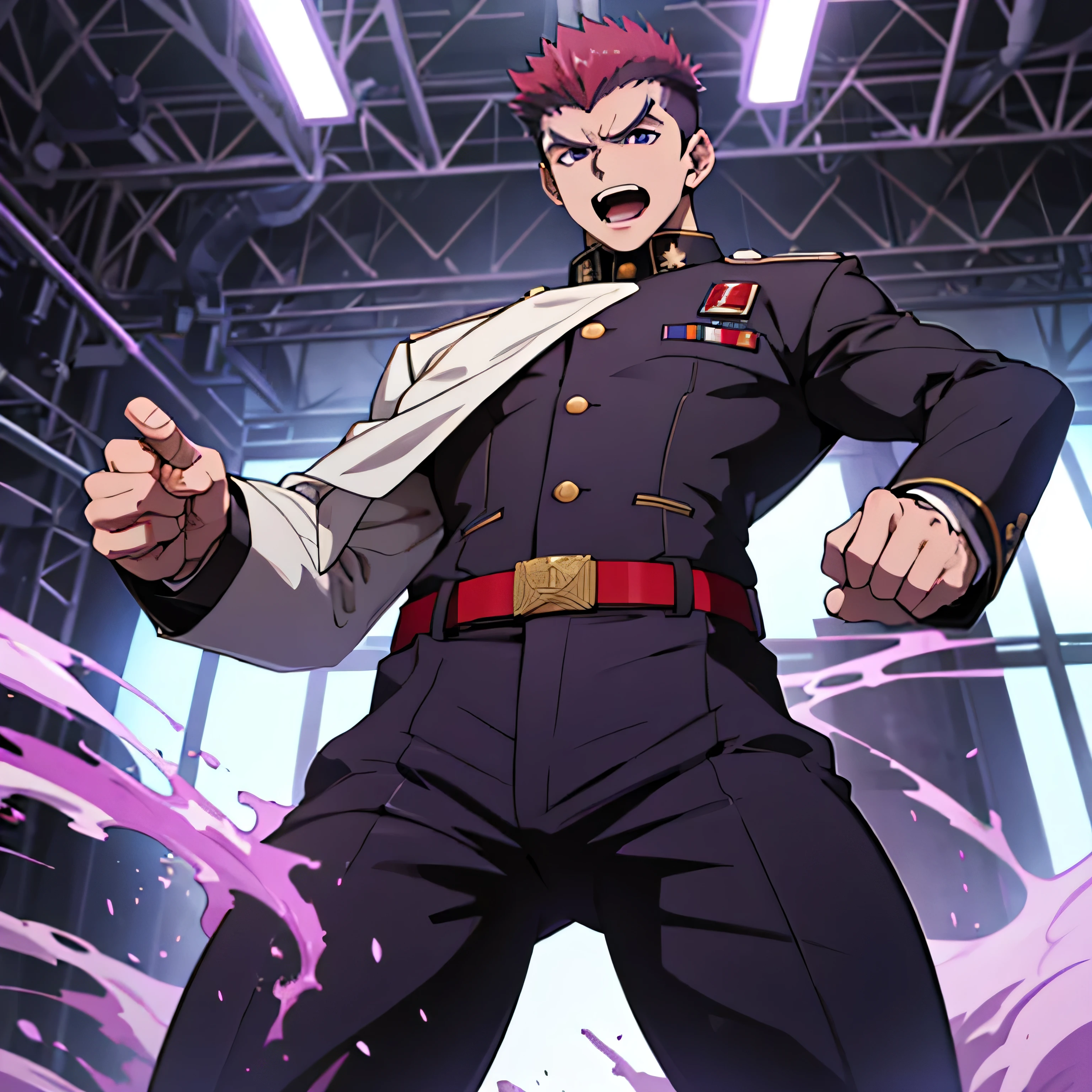 Age 25,, Purple military uniform、 black slim pants , black belt、cool battle pose、Spread your legs wider,black belt,logic, Gay , red hair, short hair on the side of the uniform,Lightly set hair with thick eyebrow wax、Purple military uniform、Masculine,salaryman,Mob characters,bad student、Purple military uniform、View from below Open your mouth wide and scream painful face face up Purple military uniform