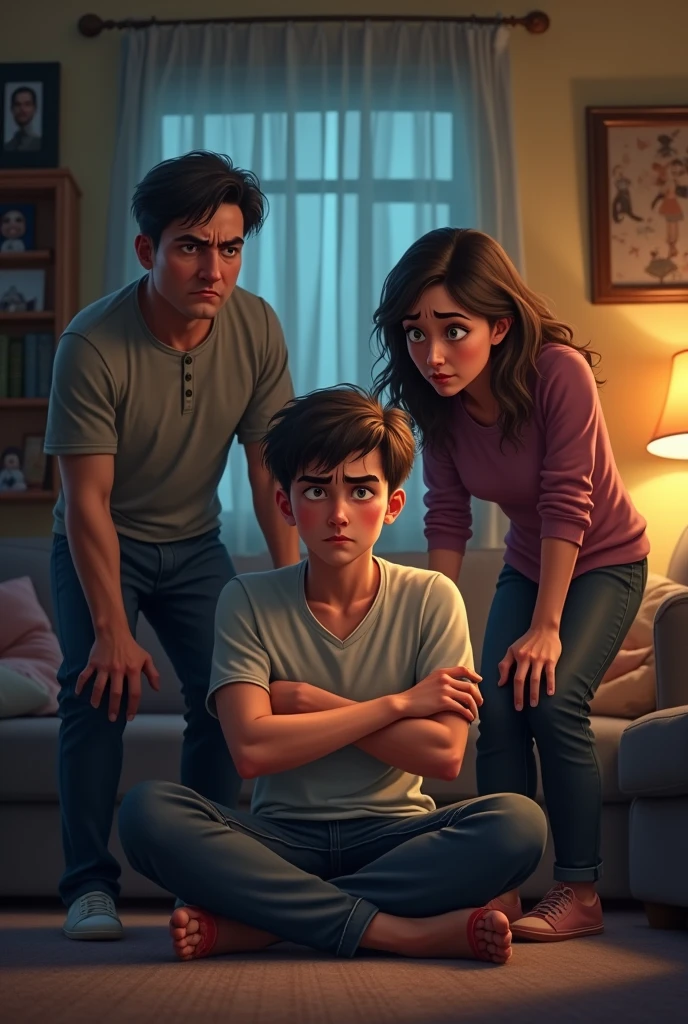 room, family sitting in a circle, with a clearly worried mother, Father scolds teenage son, looking at the ground.