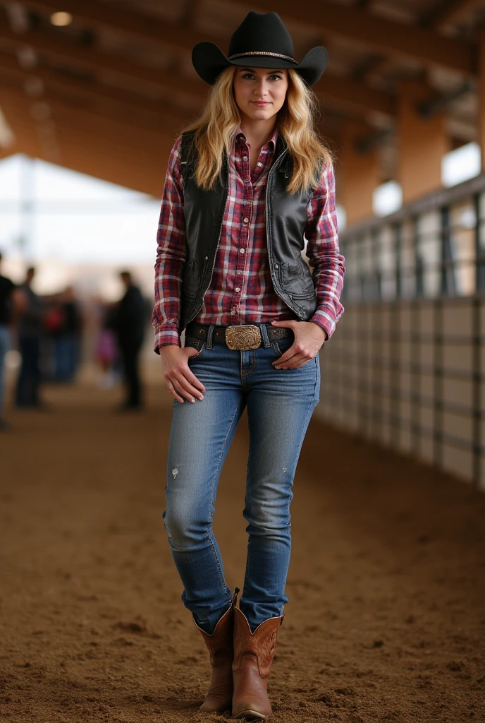 jeans down pussy visible of a woman, cowgirl, hat, boot, jeans, checks shirt, vest Jacket, in stable