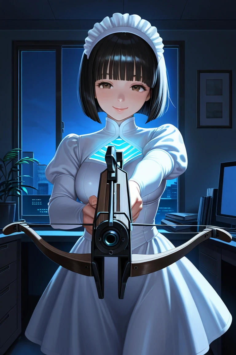 masterpiece, best quality, very aesthetic, absurdres, source anime, anime, super detailed, extreme detailed, general,
1girl, standing, yumi \(weapon\), holding bow \(weapon\), drawing yumi, archery, Aiming with a bow at the target,
BREAK girl, 22yo, short hair, bob cut, (blunt bangs), black hair, (large breasts:0.9),
shiny hair,
slender, small ass, slim legs, white long dress, (see through:1.1), angel smile, entire body is luminescent blue-white,
office, night, huge picture frame,