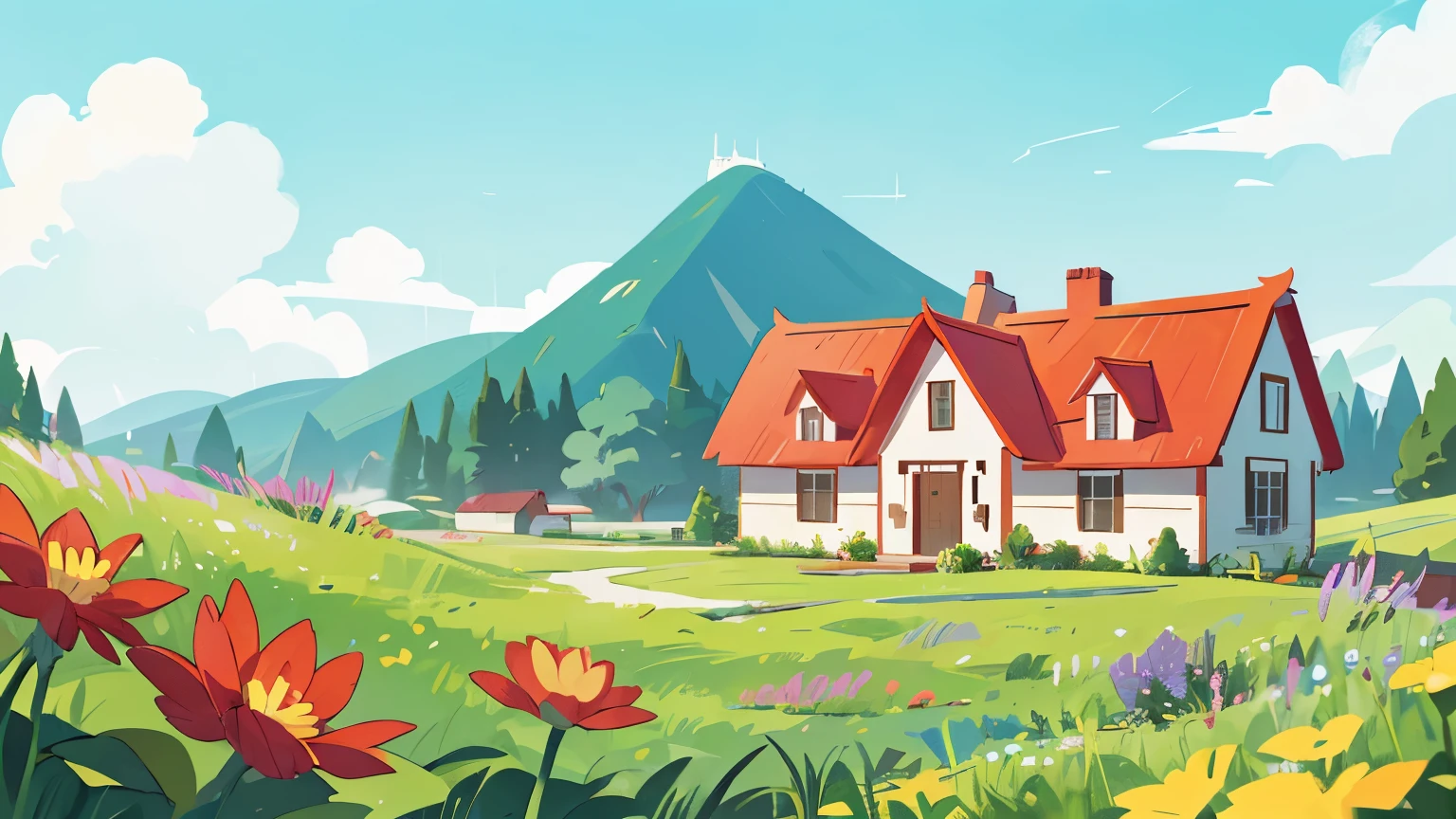 background illustration of a prairie on a mountain、Green grassland、Colorful flowers、A building with a red roof and white walls、 bright