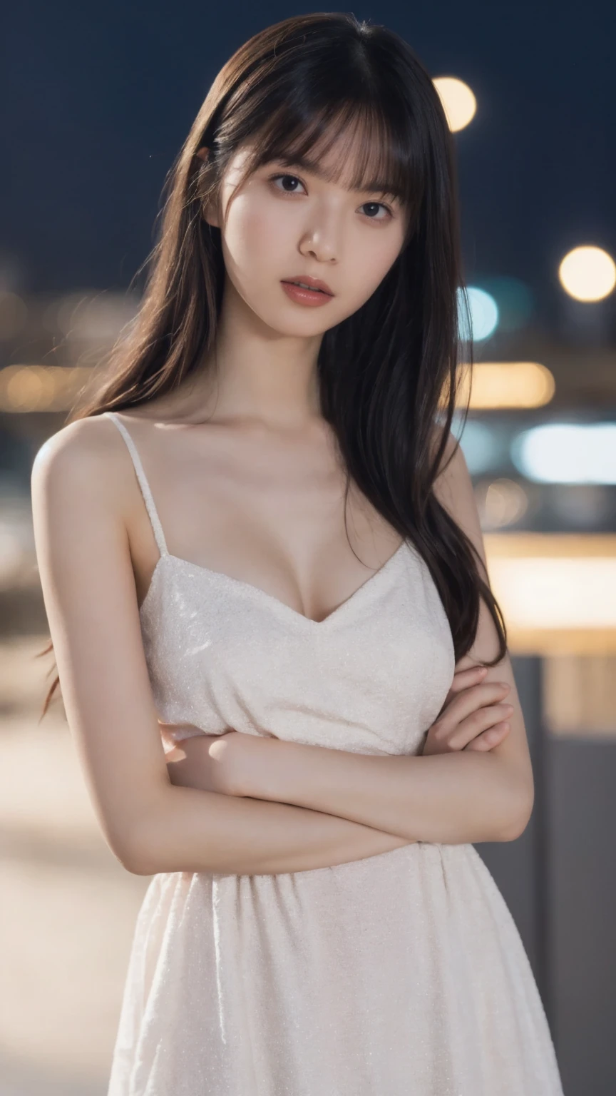 Highly detailed CG Unity 8K wallpaper, With the highest quality, (UHD:1.2,32k), (face detailed:1.2), super detailed, Master Piece, Realistic, photograph realistic, extremely detailed cute girl, 25 years old, (sexy black dress:1.2), blush , Round eyes, small breasts , (pony-tail hair:0.8), cleavage, looking viewer,(( full body shot)) , standing in the New York Street, (Dynamic Pose), (DSLR photo), ((f/11 Sony A7S 135mm)), (Realistic Skin tone),(nsfw:1.4)