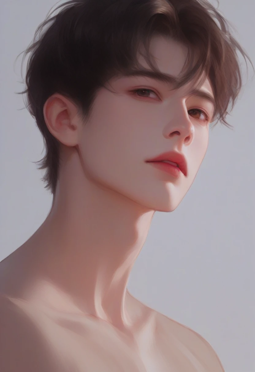 masterpiece, cel shading, soft colors, soft line drawing, anime style, 1man, adult male, upper_body, face up, handsome man, Korean, short hair, leaf mullet, dark brown hair, studio lighting, 2.5D, skin, dark brown eyes, full soft lips 