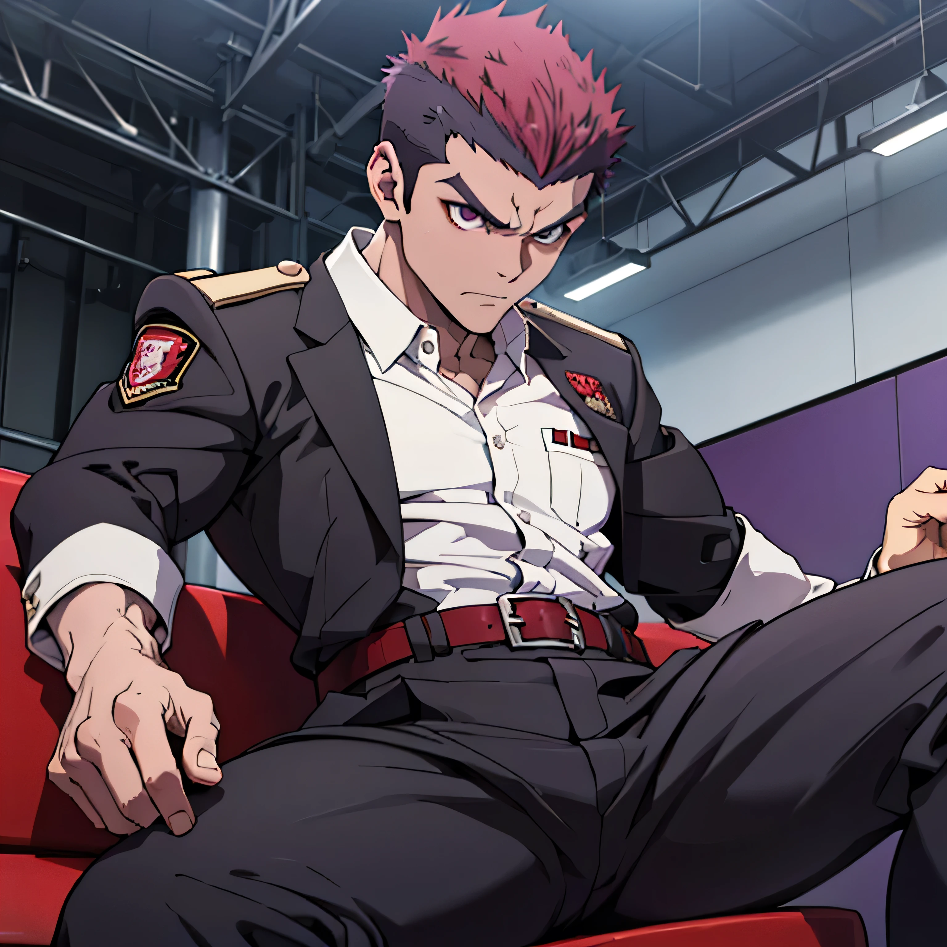 Age 25,, Purple military uniform、 black slim pants , black belt、cool battle pose、Spread your legs wider,black belt,logic, Gay , red hair, short hair on the side of the uniform,Lightly set hair with thick eyebrow wax、Masculine,salaryman,Mob characters,bad student、View from below Menacing look face up