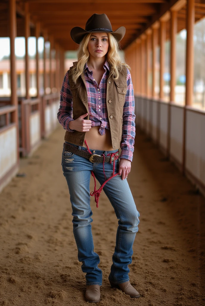 
jeans pull down pussy visible of a woman, cowgirl, hat, boot, jeans, checks shirt, vest Jacket, in stable