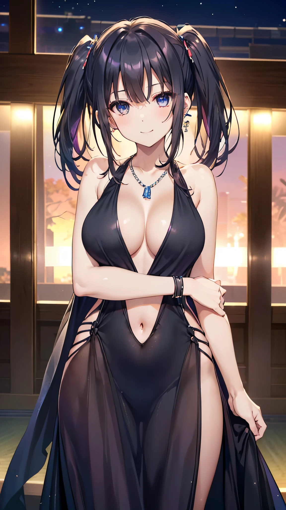 (8K、Highest image quality、highest quality、masterpiece)、detailed face,gigantic breast:1.2、1 girl、black hair、(( twintails))、blunt bangs,shiny eyes、((large breast:1.5)),punk costume:1.2,((evening gown:1.5)),((Cleavage,plunging, pendant,navel pierce))、cleavage、((navel pierce:1.4))、((groin:1.4))、((standing,straight on,tachie:, from front1.5))、(face focussmile,happy:1.6),  arms on behind、cowboy shot,beautiful background、(indoor,nightclub),POV
