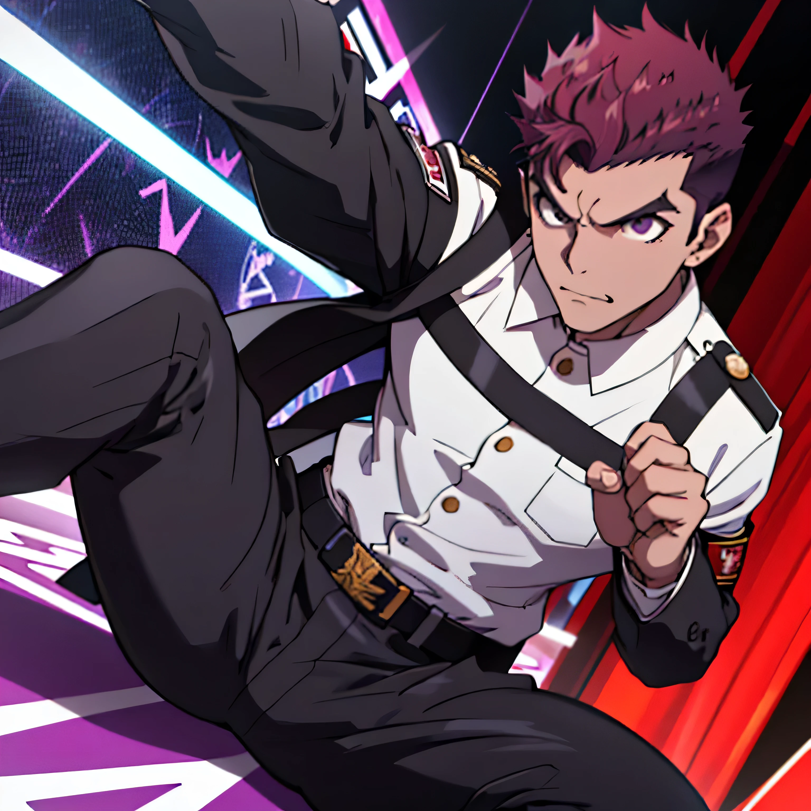 Age 25,, Purple military uniform、 black slim pants  , black belt、cool battle pose、Spread your legs wider,black belt,logic, Gay , red hair, short hair on the side of the uniform,Lightly set hair with thick eyebrow wax、Masculine,salaryman,Mob characters,bad student、View from below　Menacing look　 face up　