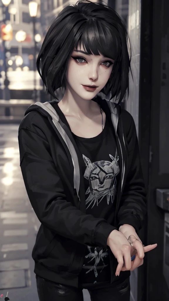 Maxine Caufield, 1-person, black lipstick, eyeliner, eye shadow, mascara, smoky eyes, black lips, natural lighting, black lips, sweatshirt, sweetheart, realistic, perfect, excellent quality, high definition, RAW, hood-up, concealed identity, tired eyes, baggy eyes, selfie expression, solo., realism, HD, 4K, 8K, UHD, anatomically correct, masterpiece, accurate, high quality, highres, award winning, super detail, looking at viewer, humanoid, 1 human only, depth of field, pixel-perfect, solo, friendly, smiling, twirling hair playfully