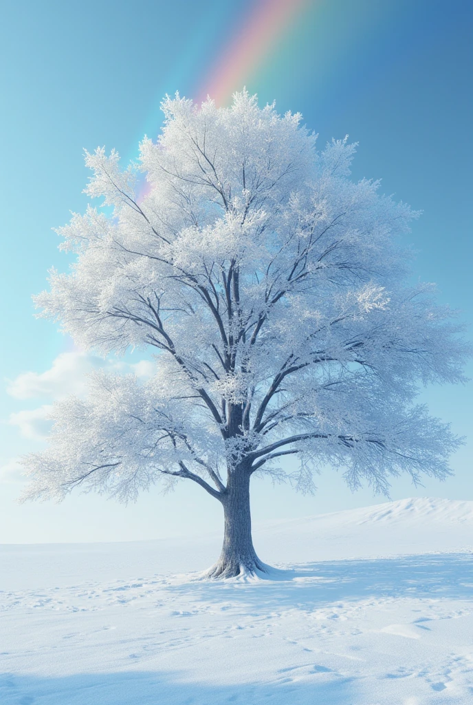 masterpiece,snowy tree, in the foreground, forcus on the tree, from below,background, rainbow:2.0 at sky,  best quality,  high definition model , Minimalist , 