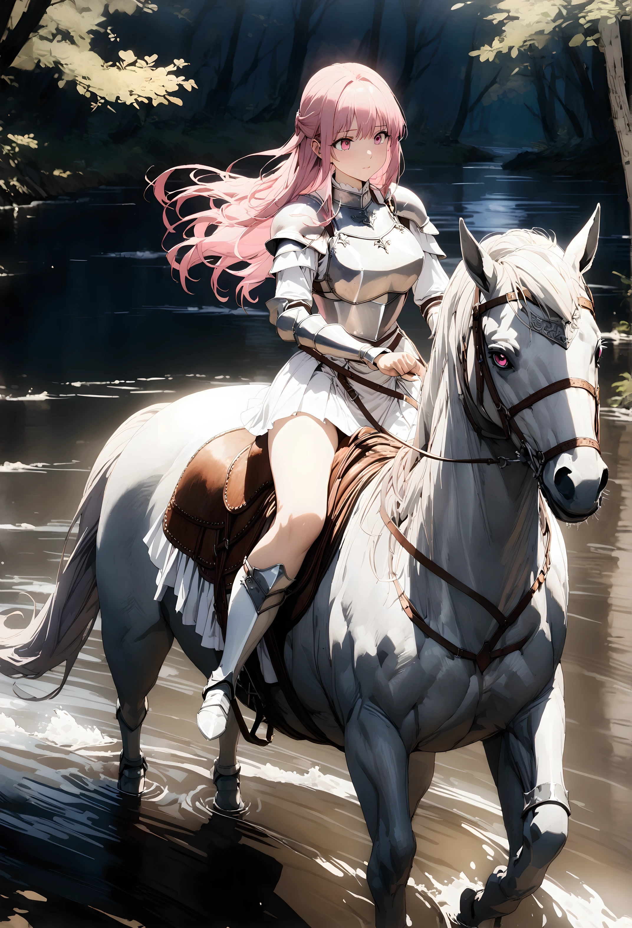 ((best quality)), ((anime masterpiece)), (high detailed), 8k, cinematic lighting, perfect face, large breast, cleavage, (((female knight riding on a SILVER HORSE)), (long hair, {pink hair}, pink eyes), (breastplate, shoulder pads, mini miniskirt, bare legs, greaves, white boots)), BREAK, (silver horse, saddle, reins, bridle), solo, (in the river, woods, medieval settings:1.2), outdoor, both hand holding rein, from side: 1.2, anatomically correct 