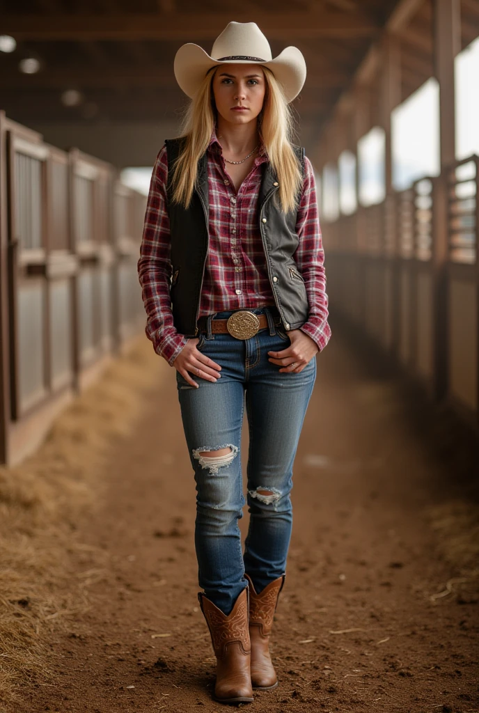 
jeans pull down pussy visible, woman, cowgirl, hat, boot, jeans, checks shirt, vest Jacket, in stable