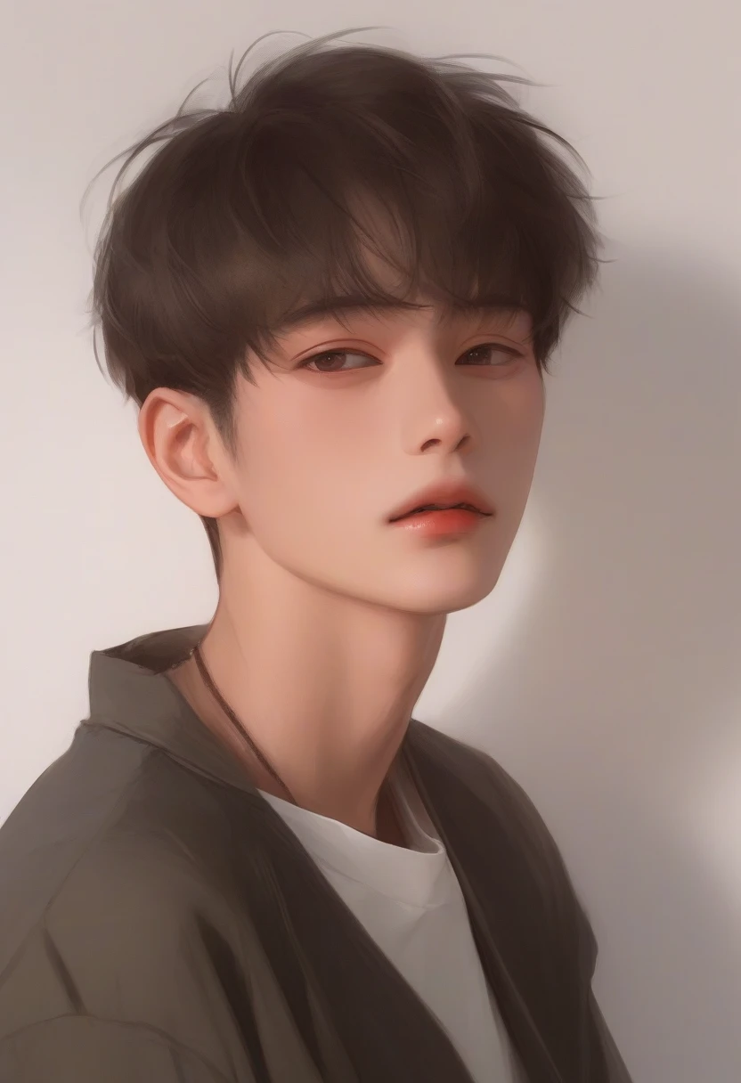 Impasto, masterpiece, cel shading, soft colors, soft line drawing, anime style, 1man, adult male, upper_body, face up, handsome man, Korean, short hair, leaf mullet, dark brown hair, studio lighting, 2.5D, skin, dark brown eyes, full soft lips 