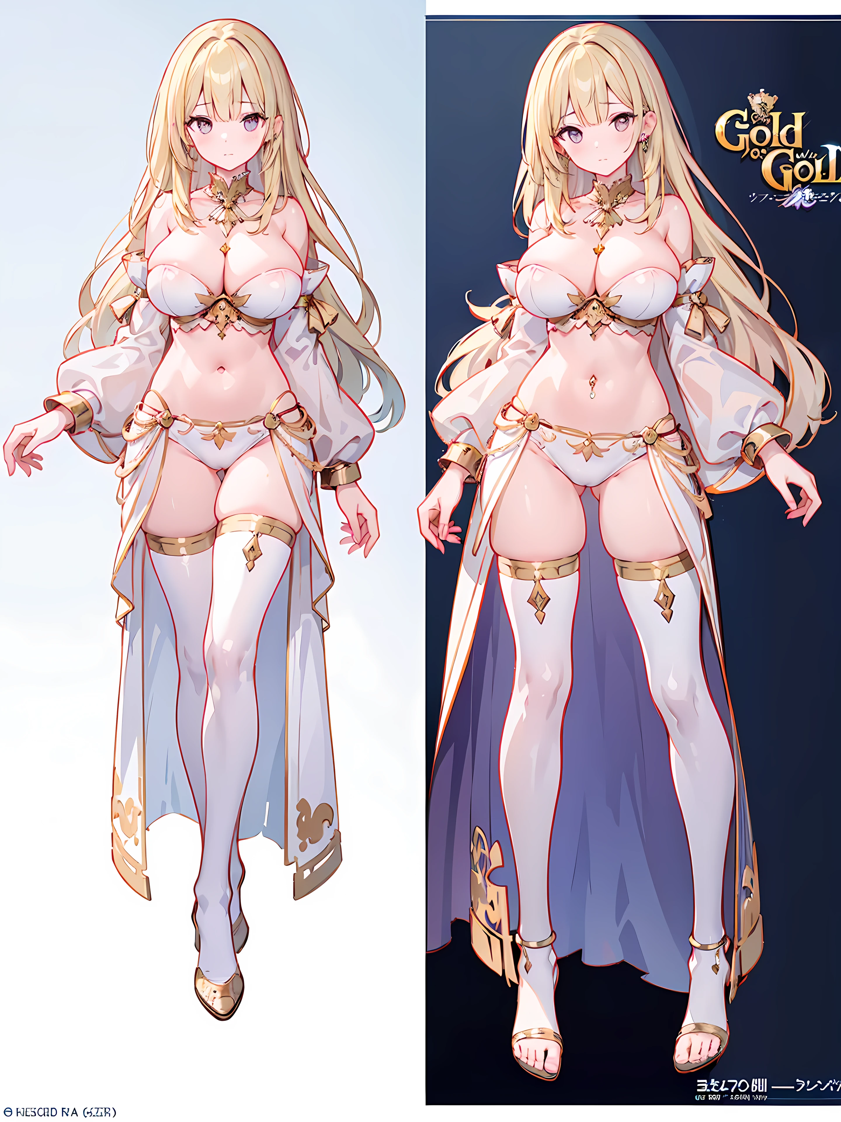 High quality, Ultra detailed, best quality, insanely detailed, masterpiece, beautiful illustrations, highest quality, pretty girl, ((very cute)), ((lovely)), ((sweet body)), ((bellydancer:1.3)), 1girl, standing, pastel colour, (blonde, huge breasts:1.3), curvy, (concept art, official art,full body, three sided view:1.6), simple background, simple background, puffy detached sleeves, ((navel piercing)), ((gold jewelry:1.2)), toeless legwear, 