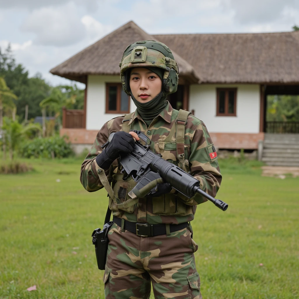 A Vietnamese soldier in uniform, wearing a camouflage helmet, mask, and protective gear. The soldier holds a rifle and stands in an outdoor, grassy setting. The overall impression is one of preparedness and alertness, with the soldier's expression of concentration and protective gear suggesting a military or combat scenario. Thatched house