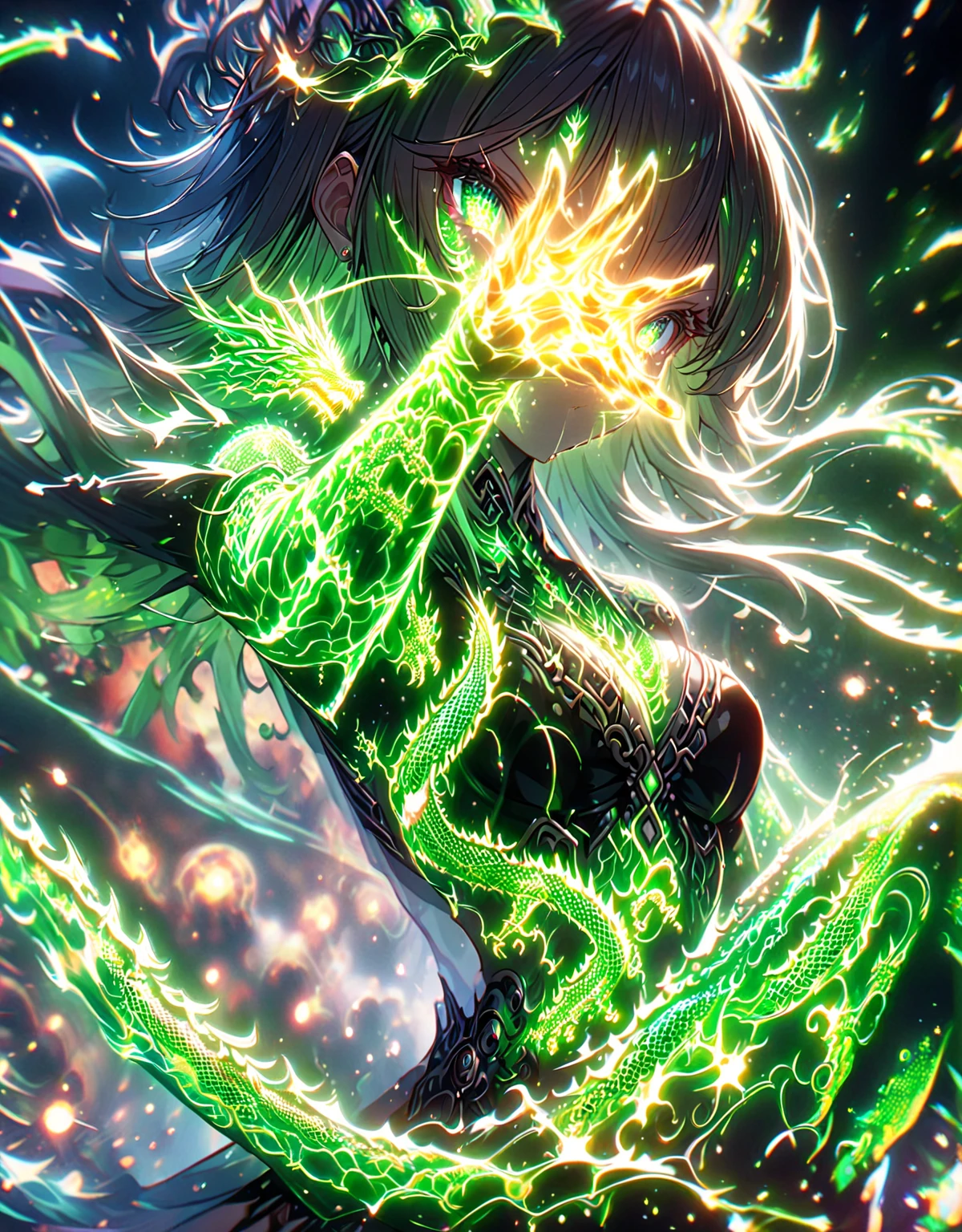  a neon dragon tattoo that shines on her face and body 、  the depth of field focuses on the energy that shines with her 、 A beautifully rendered 2D-style high-resolution 8K wallpaper 。 and 、 depicts a powerful witch who emits an energy explosion like Kamehameha。 Her intricate costume 、 dramatically flows 、 enhances her attack power 。 explosions of glowing energy illuminate the scene 、 is taken with a long exposure effect 、 the movement of energy becomes visible 。 The dynamic angles emphasize the strength of her stance and the power of her spells 、 as energy swirls around her 、 creates a visually stunning and impactful composition 。Yin and Yang - 