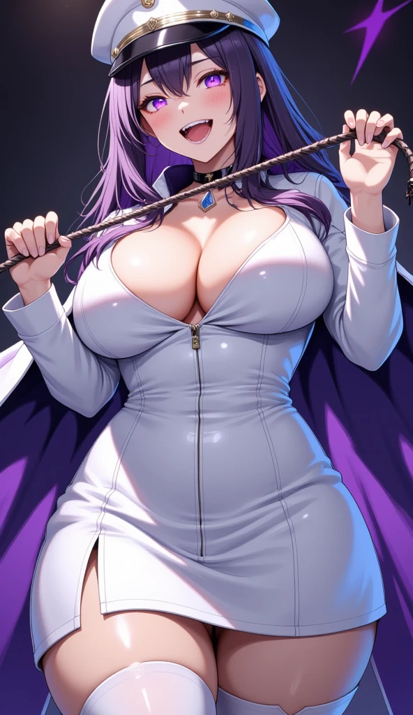  mature beautiful woman with ,( best quality, very detailed depiction, Incredibly Absurd High Definition , Sharp Teeth Like a Beast ,Curvy Legs,Detailed pupil, Pottery skin ,High quality anime drawings:2.0),(Female executive of an evil organization:2.3),(White Latex Military Costume :1.5, Shiny White Bondage Dress with Intricate Structures:2.0,military hat,Military cloak,Costume mask, leather thigh-high boots, Long Grove ,Leather Choker,White tights), eyeshadow,(Glowing purple eyes,Crazy Eyes:2.0, Half Closed :2.0, big chest, wicked smile:2.3,Shiny purple lips,Shadowed face,Seductive gestures, have a whip in their hands:2.0),whole body, has an open mouth,From below:2.0