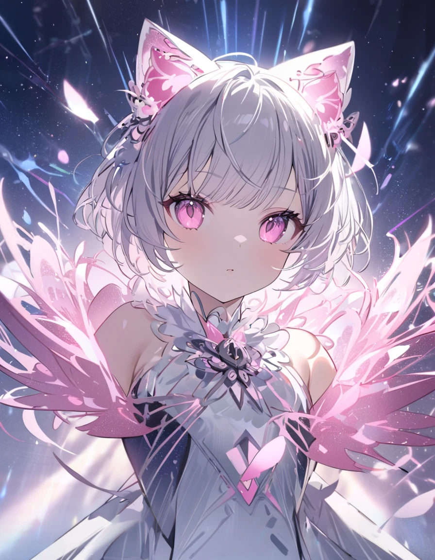 delicate、masterpiece、 best quality、{{one girl、cute、 Short Hair 、Gray Hair、 pink eyes、Cat ears、blue sky、Show hands 、ephemeral、 beautiful lighting、 is dazzling、