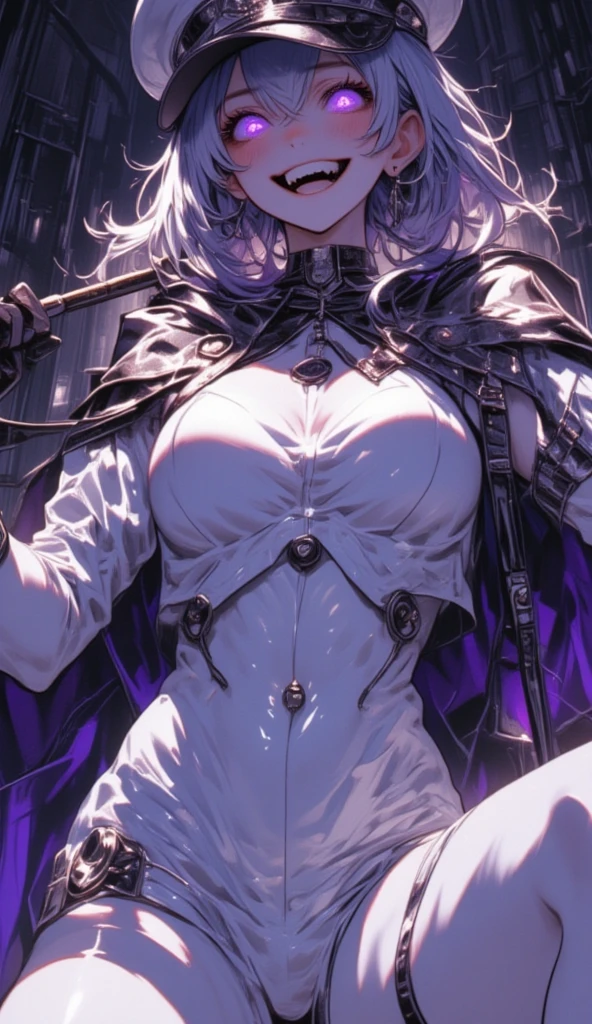  mature beautiful woman with ,( best quality, very detailed depiction, Incredibly Absurd High Definition , Sharp Teeth Like a Beast ,Curvy Legs,Detailed pupil, Pottery skin ,High quality anime drawings:2.0),(Female executive of an evil organization:2.3),(White Latex Military Costume :1.5, Shiny White Bondage Dress with Intricate Structures:2.0,military hat,Military cloak,Costume mask, leather thigh-high boots, Long Grove ,Leather Choker,White tights), eyeshadow,(Glowing purple eyes,Crazy Eyes:2.0, Half Closed :2.0, big chest, wicked smile:2.3,Shiny purple lips,Shadowed face,Seductive gestures, have a whip in their hands:2.0),whole body, has an open mouth,From below:2.0