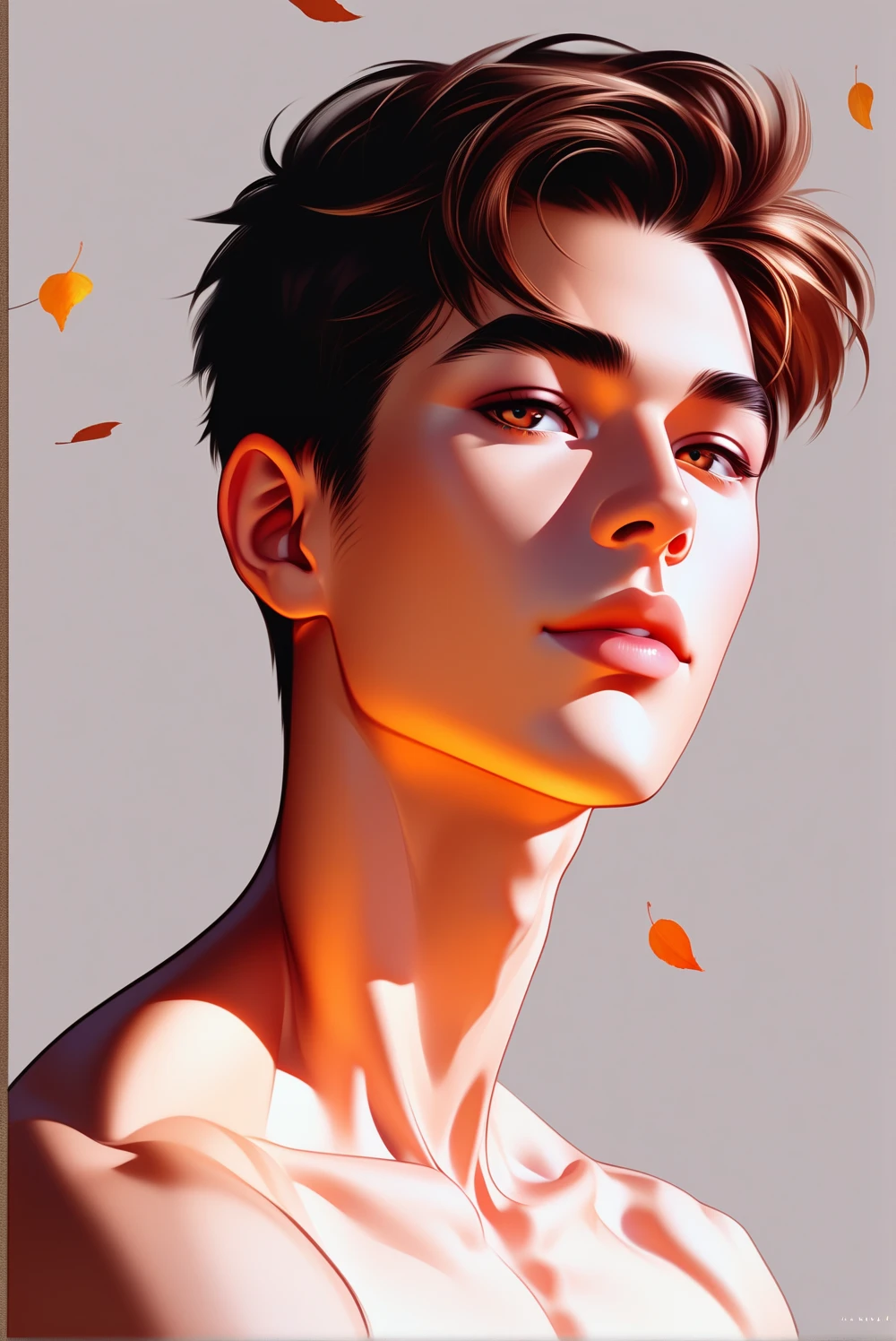 impasto, delicate line drawing, delicate colors, soft colors, masterpiece, beautiful art, art, 1 man, adult male, short hair, leaf mullet, dark brown hair, dark brown eyes, man, skin, full lips, golden hour, golden shine, handsome, face up, 