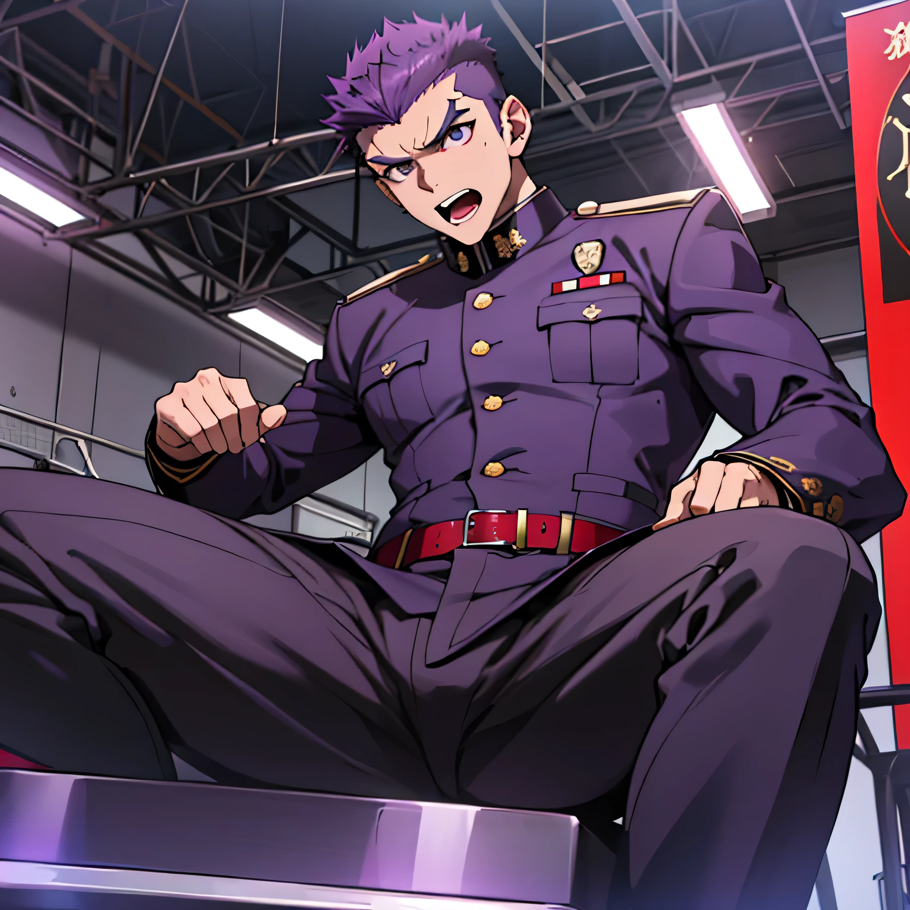 Age 25,, Purple military uniform、 black slim pants  , black belt、cool battle pose、Spread your legs wider,black belt,logic, Purple military uniform、Gay , red hair, short hair on the side of the uniform,Lightly set hair with thick eyebrow wax、Purple military uniform、 black slim pants 、Masculine,salaryman,Mob characters,bad student、Purple military uniform、 black slim pants 、View from below　Open your mouth wide and scream　 painful face　 face up　Purple military uniform　 black slim pants 、 red hair