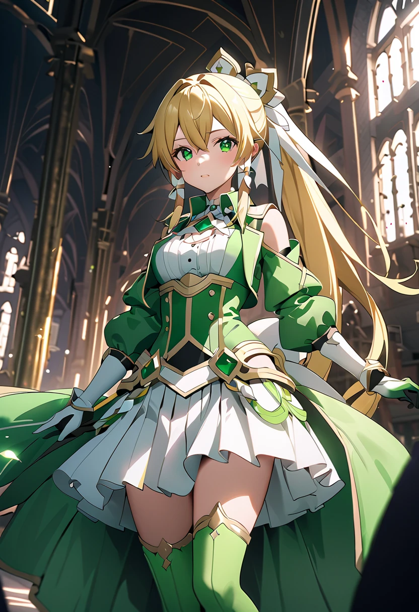  best quality、  Unity 8K Wallpaper、32K、masterpiece、 Very detailed、  ultra high resolution、 Very detailedな顔、 RAW photo、professional、Ultra-detailed paintings、Magical Fairy Swordsman Leafa、  long blonde hair 、White hair ribbon、Green Eyes、Green magical girl costume、 blonde ponytail 、White hair ribbon、 yellow ribbon with large emerald brooch 、 white pleated skirt with green lines 、Green and yellow long gloves、 green thigh stiletto heel boots with gold molding、