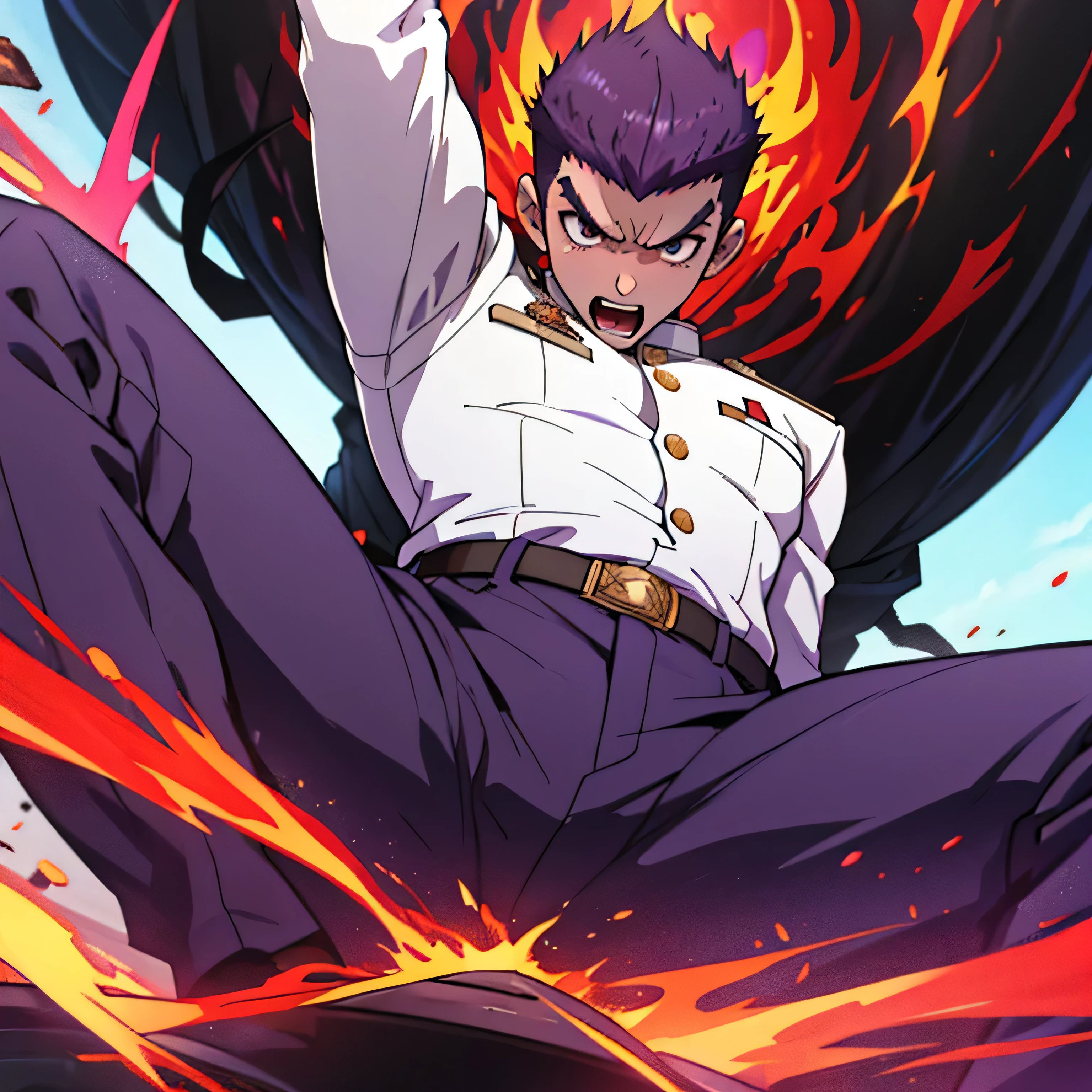Age 25,, Purple military uniform、 black slim pants , black belt、cool battle pose、Spread your legs wider,black belt,logic, Purple military uniform、Gay , red hair, short hair on the side of the uniform,Lightly set hair with thick eyebrow wax、 red hairの短髪。Purple military uniform、 black slim pants 、Masculine,salaryman,Mob characters,bad student、Purple military uniform、 black slim pants 、View from below Open your mouth wide and scream painful face face up Purple military uniform black slim pants 、 red hair
