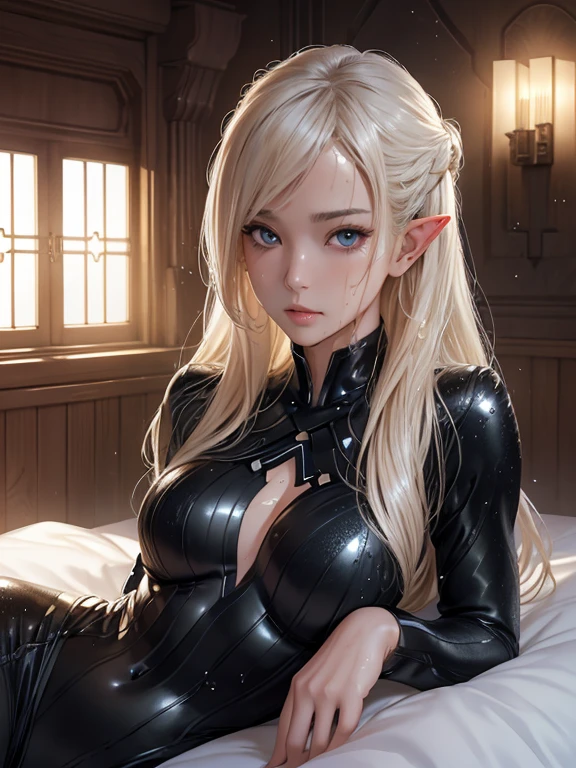 masterpiece,  best quality,  Highly Detailed CG Unity 8K Wallpaper ,((Upper body portrait)), ((Space Ship Interior Bedroom )), ((Highly revealing black SM costume,  Long Grove )), ( long pointed ears ), (The most beautiful and perfectly symmetrical face),  Elegant Long Wave Platinum Blonde Hair, ((Average chest, Self-illuminating skin)), ((Lie down and open legs)), (Sweaty and wet white skin), (A relieved expression), cute, Symmetrical face,  Detail Eyes, Key Art, Awards, 繊細な詳細の写実主義HDR,  photorealism,  hyperrealism , Ultra-realistic,  dramatic light ,  Strong Shadows  ,  Amazing Scenery ,  Depth of Written Boundary,