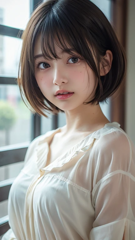 (8k, Photorealistic, RAW Photos, Best image quality: 1.4), Japanese schoolgirl、Short Bob、Super detailed face、Eye on the details、double eyelid、Sharp focus:1.2、Beautiful woman:1.4、Light brown hair、Highest quality、masterpiece、Ultra-high resolution、(Photorealistic:1.4)、Highly detailed and professionally lit smiles、(OversizedＴshirt:1.5)、blush、Open your mouth a little、Watery eye、amount、erect nipples、Thighs