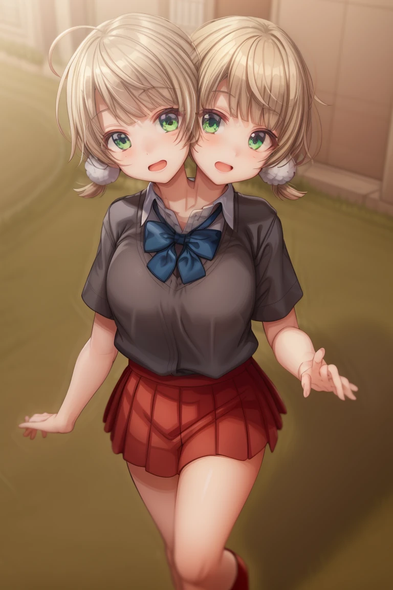 (masterpiece, best quality), best resolution, 16k, (two heads, conjoined_dicephalus:1.5), close-up, ui2, 1girl, solo, green eyes, solo, red skirt, white shirt, low twintails, pom pom \(clothes\), collared shirt, blue bow, pleated skirt, school uniform, short sleeves, look at viewer, curious, innocent, standing, walking, raise hands to chest, (dynamic angle), open mouth, anime style, cinematic composition, grass road, detailed shadows, evening