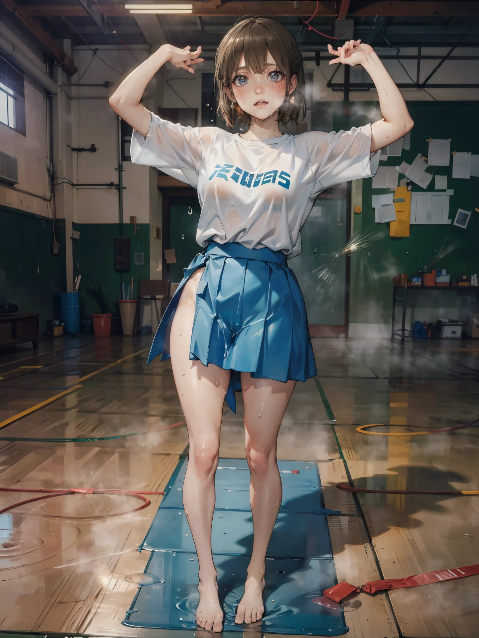 anime - style illustration of a high school girl in a (white shirt and light blue skirt), school days video game character, official character art, trending on cgstation, e-girl, cushart krenz key art feminine, full body, female anime girl, (obscene posing:1.5), looking at viewer, (sweaty:1.5), (blush:1.7), (puffy lips:1.2), (cameltoe), armpit, (bare legs:1.5), (drooling:1.5), light brown hair,