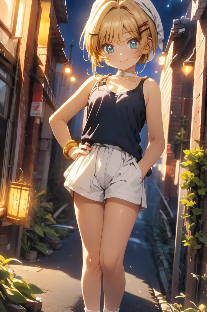 best quality, masterpiece, small breasts, little girl, smile, lingerie, outdoors, alone, anime style, outdoor deserted street, daytime, blue sky, blue eyes, detailed eyes, medium hair, blonde hair, loose hair, bangs, butt,Very large breasts, big tits,