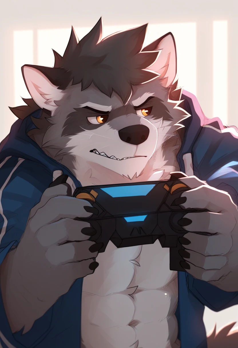 lobo, Wolf ears and nose,  Playing video games , focused expression, por pache riggs