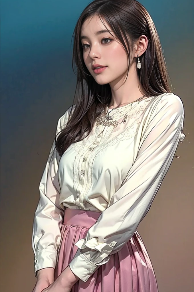 (best quality),(realistic),(hyper_photorealism),raw,photorealistic,8k,realistic texture,shiny skin,extremely detailed skin,film grain,pale skin,thin thighs,cinematic lighting, raw lighting,
1 girl,cute idol,black eyes,long hair,brown hair,(natural makeup:0.6),(small breasts),half-up half-down hairstyle,
standing,light smile,
long sleeves,open blouse,long skirt,stylish,flared skirt,blouse that is about to come off,
newscaster,japanese text, fake screenshot, news,colorful background,
clasp hands together in front of each other,necklaces, earrings,
(bust shot,close up:1.4), (sideways),from side,