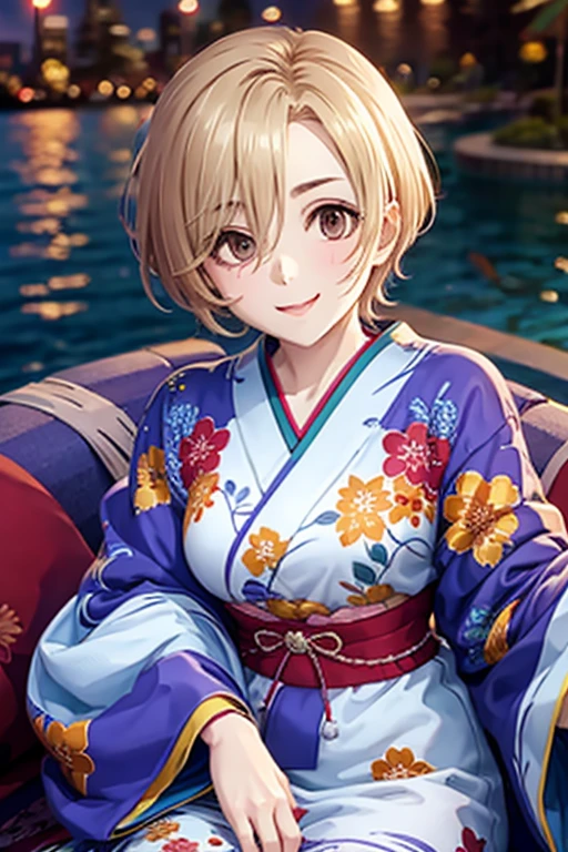 Fireworks are being set off. A cute woman wearing a resting yukata is having fun.  The masterpiece has a mischievous smile on her face .、 Blonde, Hair above the eyes,  Short Hair ,  Brown Eyes  ,  flat chested