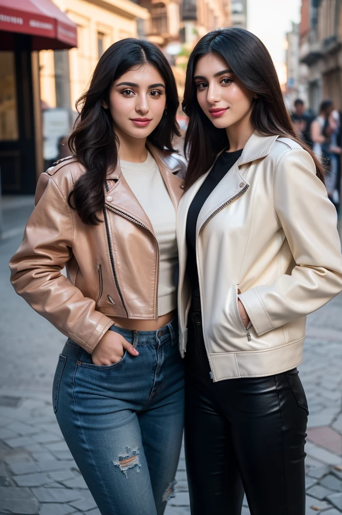 A young Armenian woman and a young Azeri woman, standing together, wearing urban comfy outfits with leather jackets and leather backpacks, genuine smiles, posing for camera, warm friendship, detailed faces, beautiful eyes, detailed lips, photorealistic, high quality, masterpiece, 8k, ultra-detailed, realistic, vivid colors, natural lighting, street fashion, lifestyle, portrait