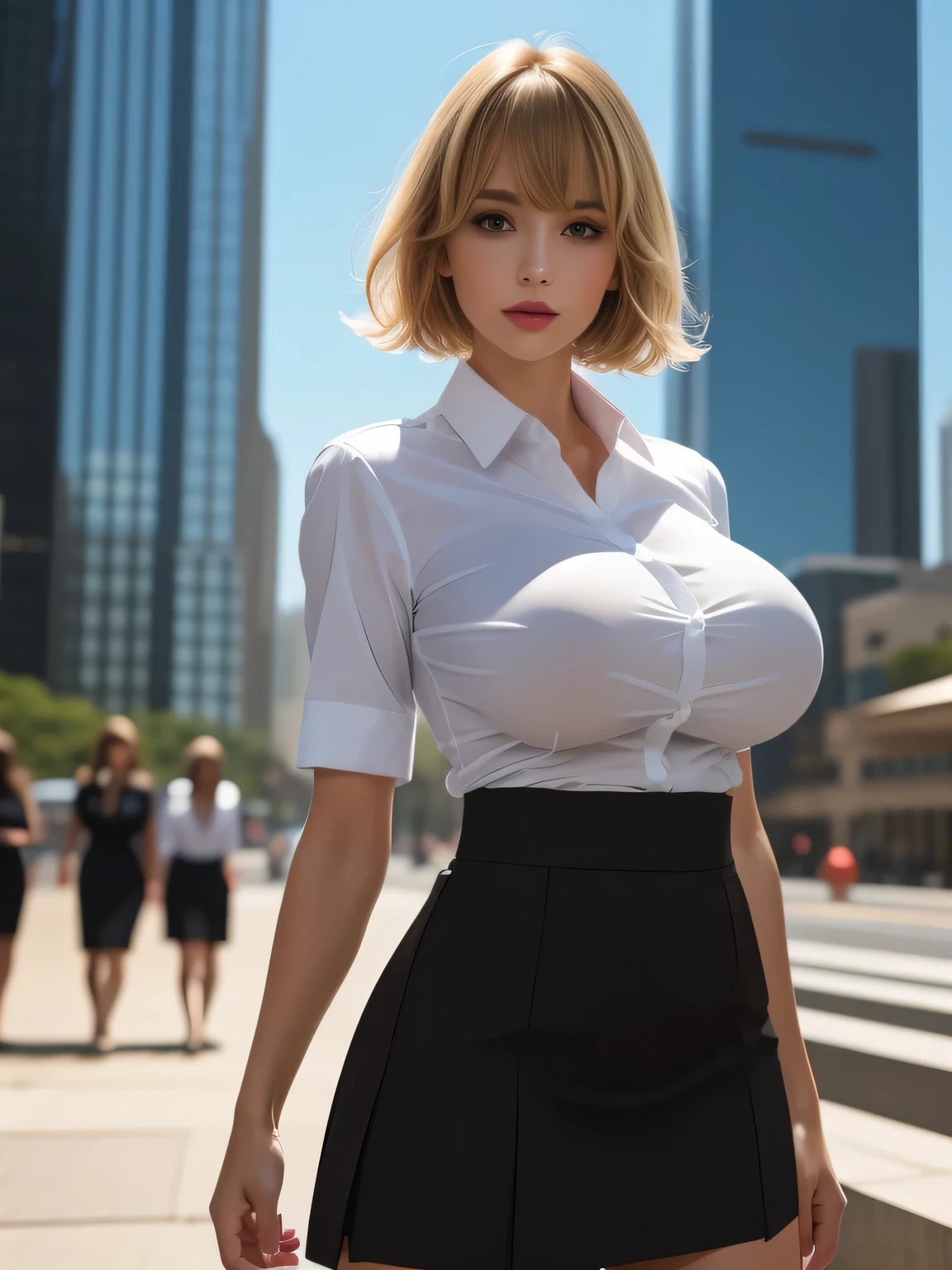 Tight-fitting business shirt, Tight-fitting short sleeves, High-waisted Tight-fitting skirt, (Shirt tucked into skirt:1.3), Road in front of the company, Skyscrapers in the background, Daytime, Sunshine,
8K Quality, (High Resolution:1.5), (Realistic photo:1.5), (Raw photo:1.1), (Extremely detailed photo), Absolute masterpiece,
(Looking at the viewer), Staring, Standing,
(Big breasts:1.2), (Lip make-up), Glossy skin, Blond, Bangs, Short wavy bob, Ultra pretty girl