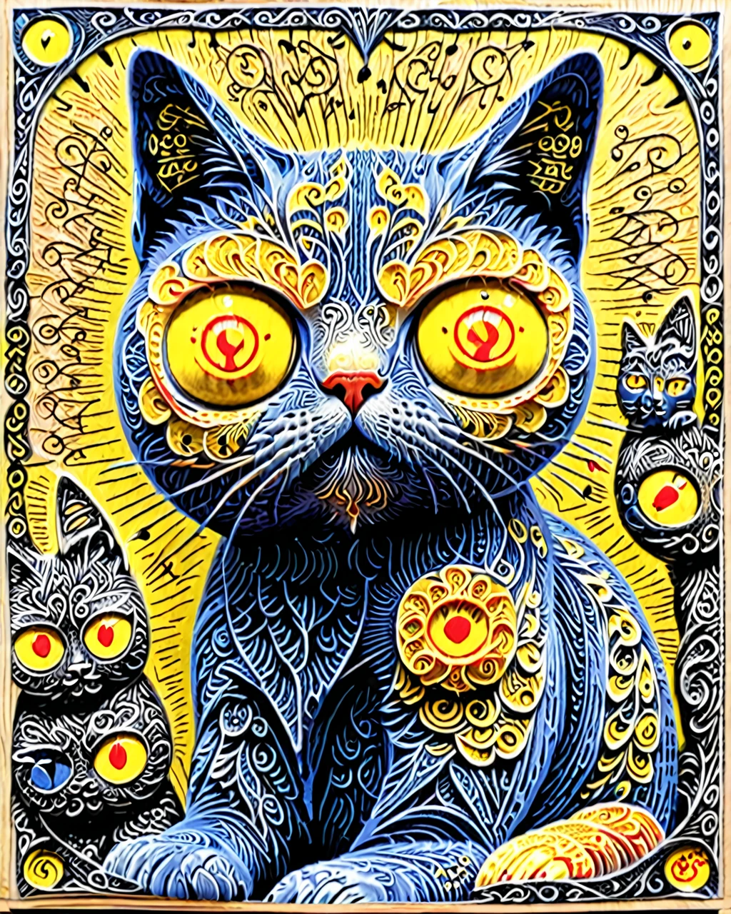 One cat、cat scratch board seen from the front、Woodblock print、 yellow eyes, , Lore、middle ages、Ireland、Celts、 fantasy、Illustrations