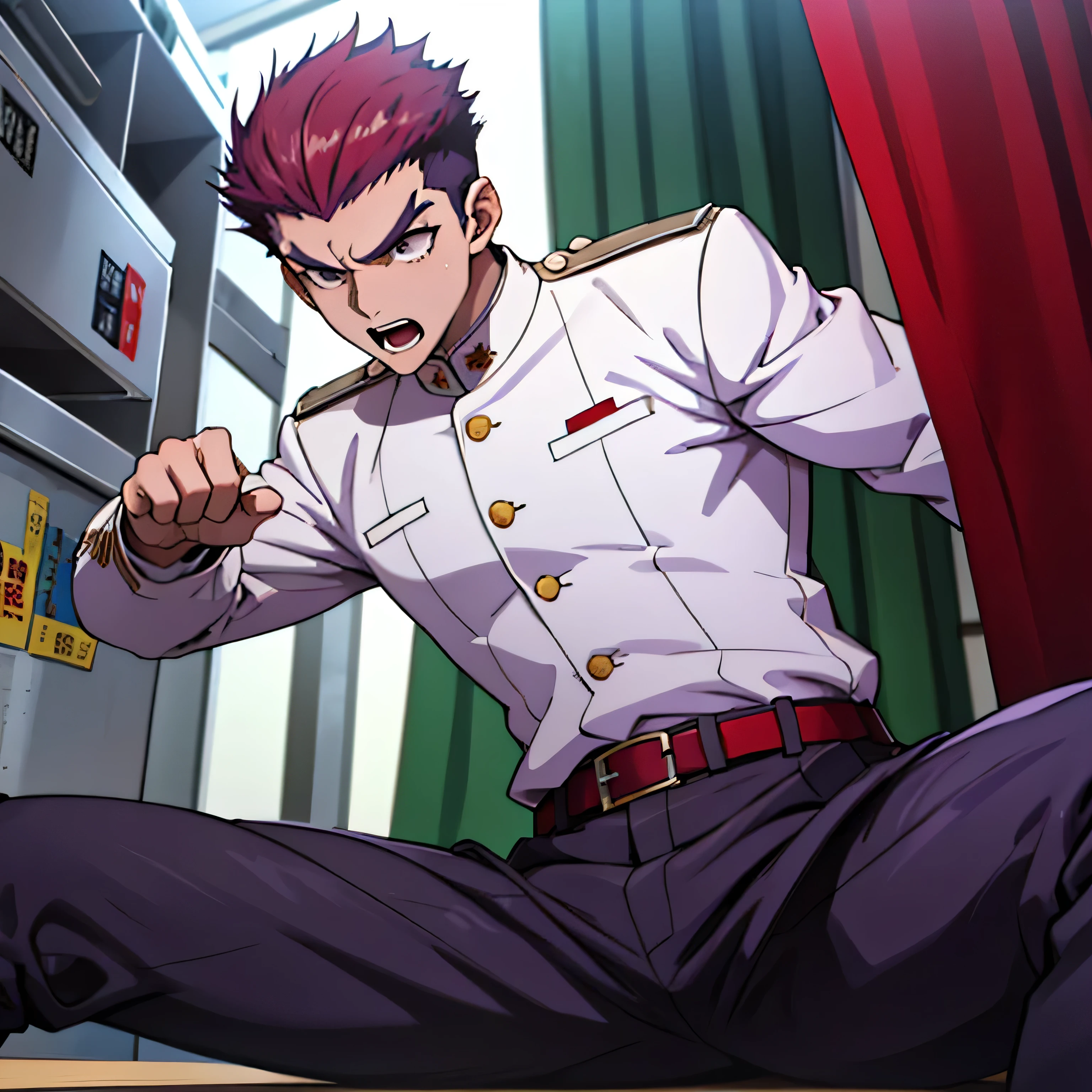 Age 25,, Purple military uniform、 black slim pants , black belt、 red hairの短髪、cool battle pose、Spread your legs wider,black belt,logic, Purple military uniform、Gay , red hair, short hair on the side of the uniform,Lightly set hair with thick eyebrow wax、 red hairの短髪。Purple military uniform、 black slim pants 、Masculine,salaryman,Mob characters,bad student、 red hairの短髪、Purple military uniform、 black slim pants 、View from below Open your mouth wide and scream painful face face up Purple military uniform black slim pants 、 red hairの短髪