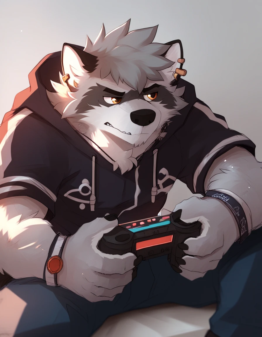 lobo, Wolf ears and nose,  Playing video games , focused expression, por pache riggs