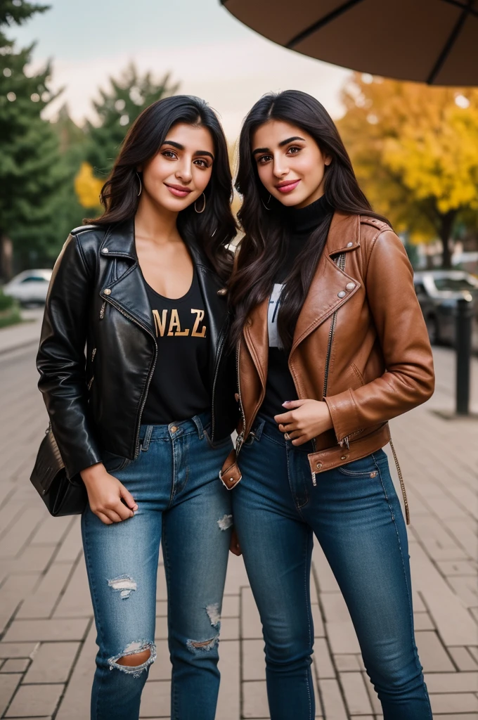 A young Armenian woman and a young Azeri woman, standing together, wearing urban comfy outfits with leather jackets and leather backpacks, genuine smiles, posing for camera, warm friendship, detailed faces, beautiful eyes, detailed lips, photorealistic, high quality, masterpiece, 8k, ultra-detailed, realistic, vivid colors, natural lighting, street fashion, lifestyle, portrait